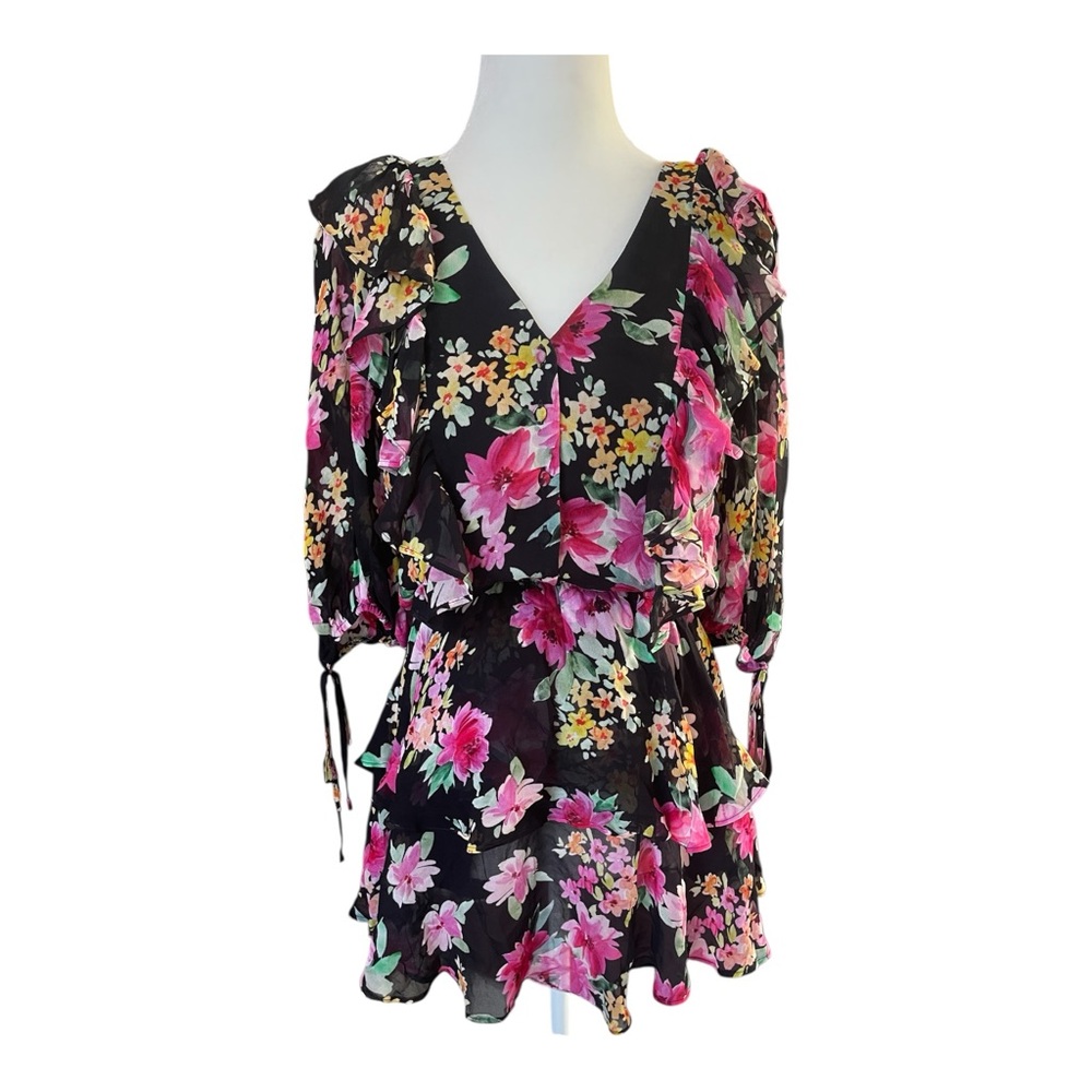 Yumi Kim Black and Pink Ruffled 3/4 Sleeve Blouse NWT